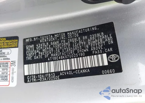 2007 Toyota Camry Le из США, поврежденный, VIN 4T1BE46KX7U025190